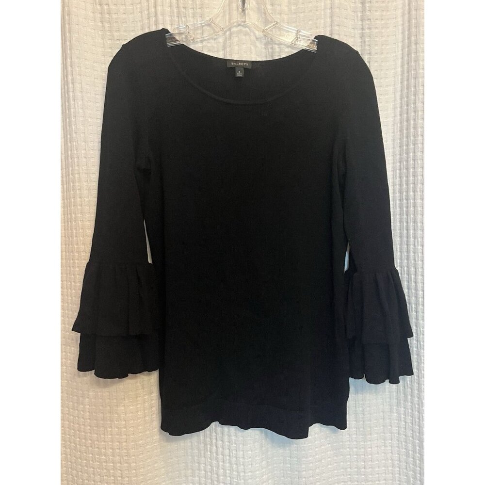 Women’s Talbots Tiered Ruffle Sleeve Black Scoop Neck Sweater Size Small G15